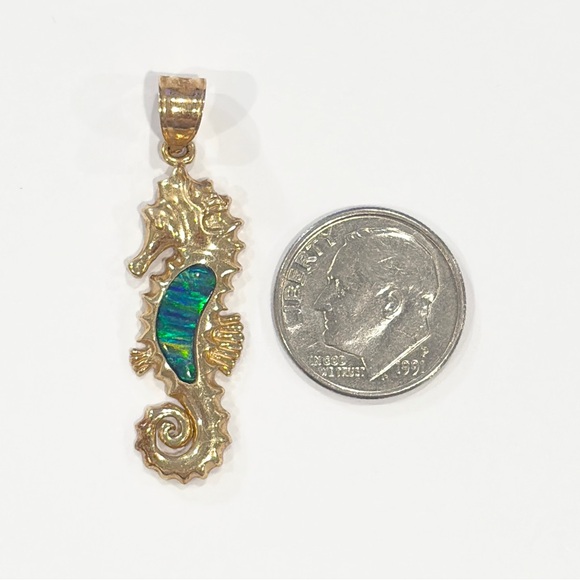 14K Opal Seahorse Pendant, Green Blue Lab Inlay Nautical Aquatic Luxury Piece - Picture 12 of 13
